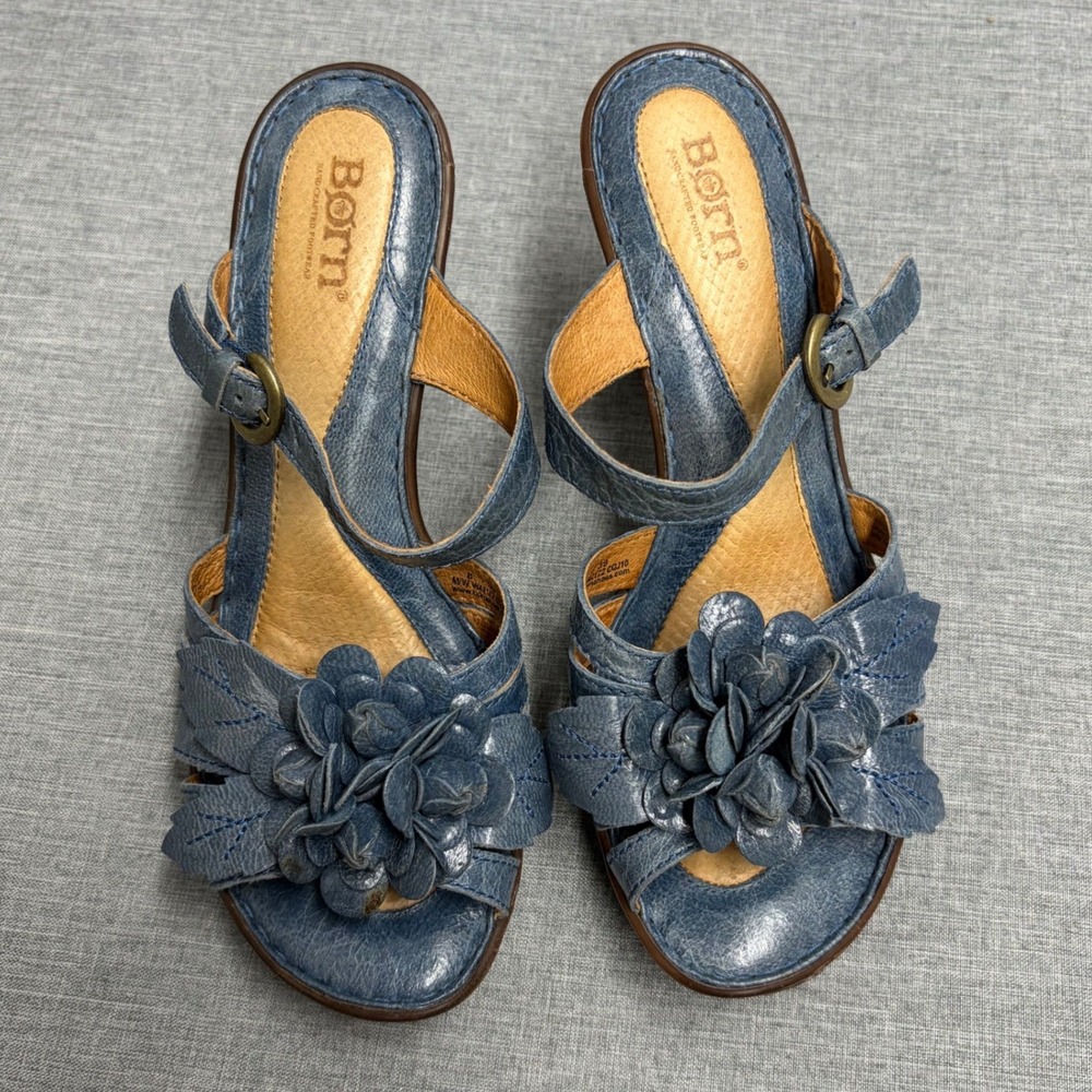 Born Sandals Women 8 Blue W42172 Leather Floral Applique Platform Block Heel - Picture 9 of 14